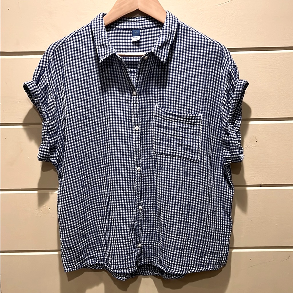 Old Navy Loose Fitting Navy Gingham Short Sleeve Top Size S Tall 100%Cotton